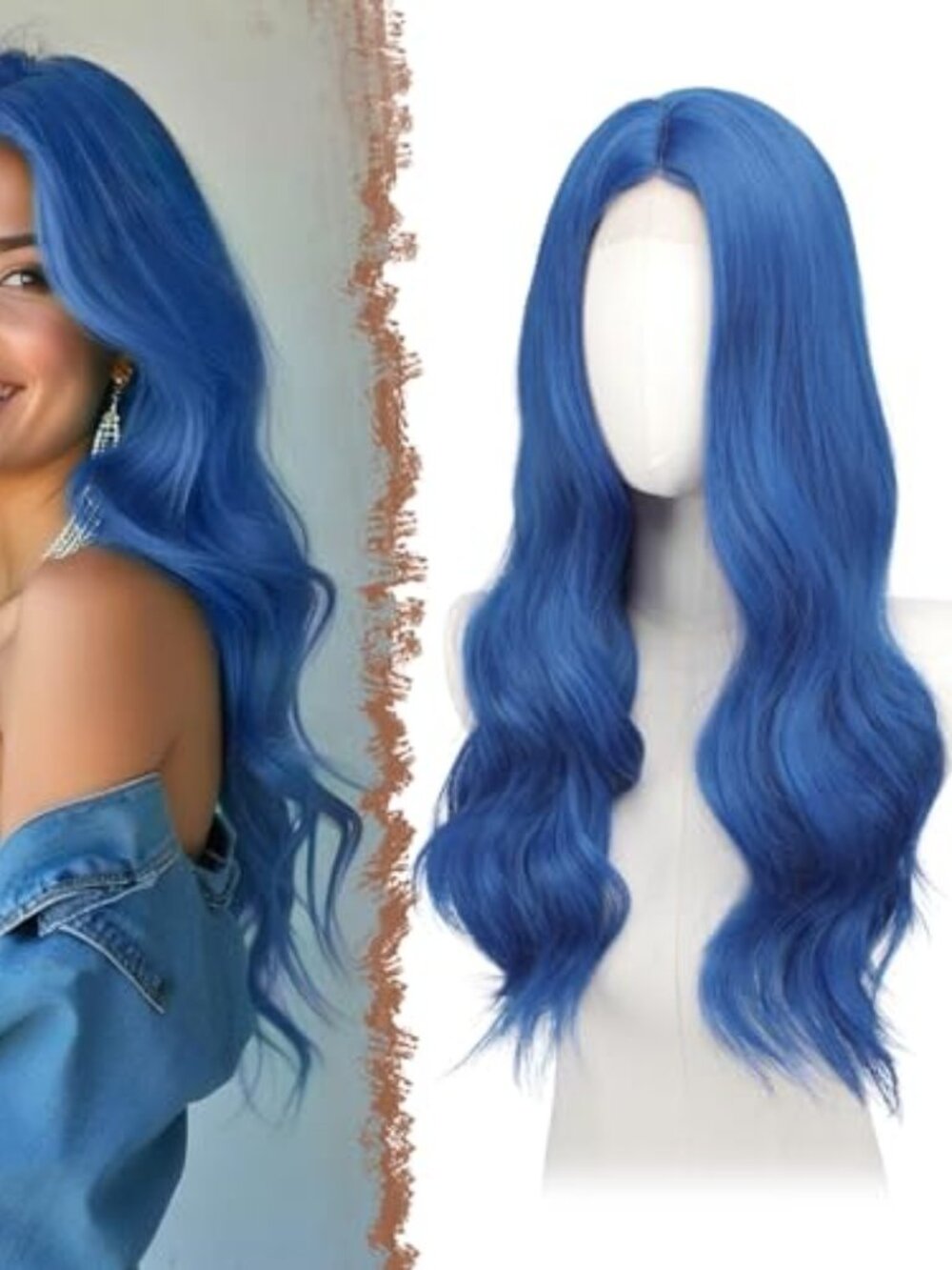 Long DarkBlue Wigs for Women, 24 inch Lace Front Hairline Middle Parting